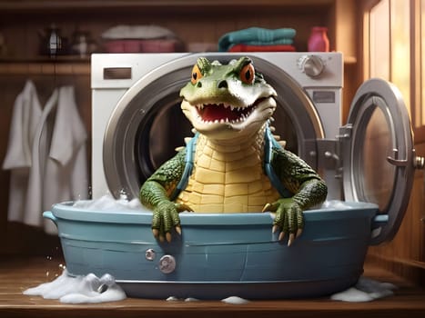 Funny crocodile in the washing machine