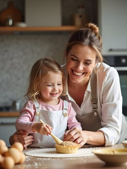 Mom with daughter baking at home