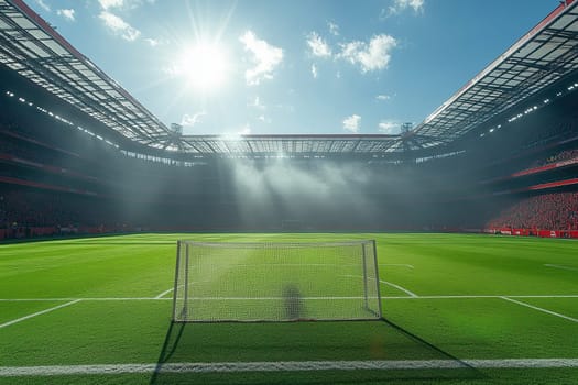 Empty football goal on empty stadium with green grass on sunny day. Football championship concept.