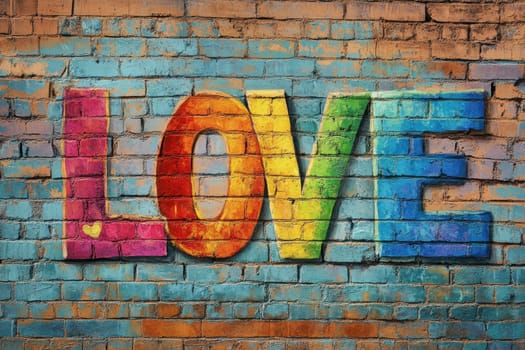 Discover a vibrant hand-painted mural depicting love in bold rainbow colors on a textured brick wall. Perfect for brightening up any space!