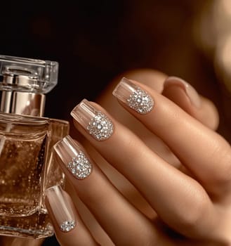 Beautiful girl nails with French manicure, with small diamonds and a bottle of eau de parfum in the background. The color scheme is light beige and white, creating an atmosphere of luxury.