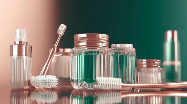 A series of oral care products and toothbrushes on a reflective surface and beige green background
