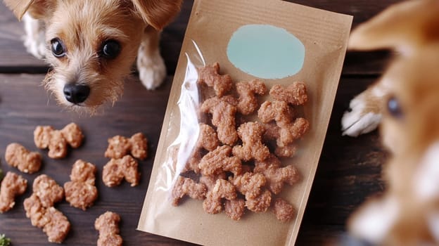 Create an ultra-realistic, professional studio photograph featuring a brown kraft paper bag with the brand name 'Anipets' and product details written on it, containing dog treats shaped like beef meat strips. The bag should have a cartoon-style pet treat logo surrounded by natural colors of coffee bean green and light blue. Position the bag in the center with a clear, frontal angle, ensuring no treats are visible outside the packaging. The background should evoke a sense of health and nature, using various shades of green and natural elements to convey freshness and vitality. Include two realistic dogs one small and one medium-sized breed looking curiously and eagerly at the bag, conveying interest and excitement. The scene should be clean and focused, with no pet treats scattered around. Use natural, soft lighting to emphasize the healthy and natural qualities of the product. --chaos 100 --ar 16:9 --personalize jxxdpfo --stylize 1000 --weird 1800 --v 6.1 Job ID: d7ac987d-b1a1-4676-8b6b-ebaf3ef8ce5f