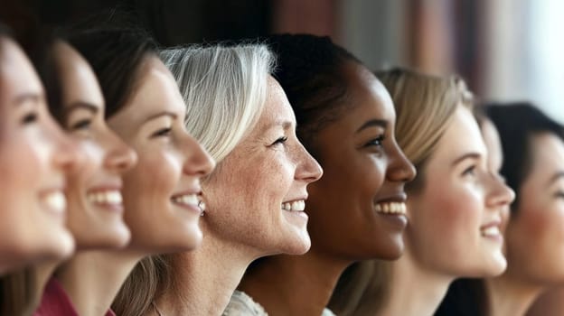 Side profiles of smiling women standing in a row. People with different skin tones and textures, some dark-skinned, some light-skinned. Diversity and multiracial