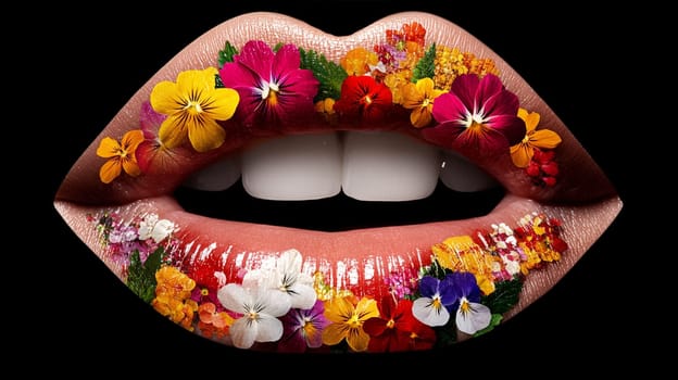 close-up of lips decorated with colorful flowers, the petals of which are artistically arranged according to the shape of the lips, showing the fusion of nature and cosmetics.