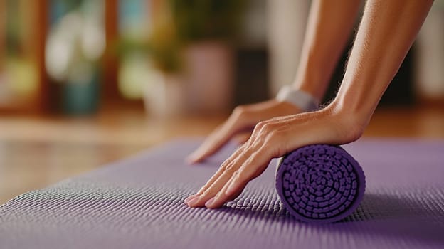 Close-up of a man's hands neatly rolling up a purple yoga mat, highlighting mindfulness and preparation for yoga classes.
