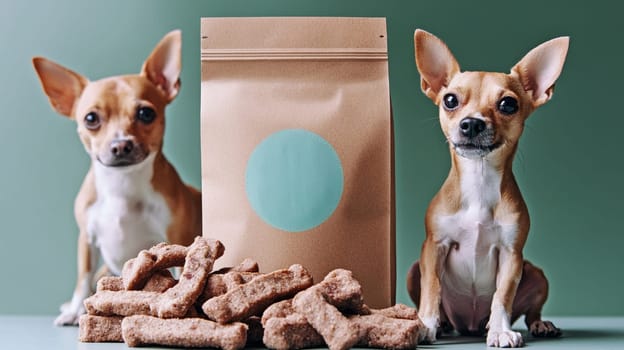 Brown kraft paper bag with space for brand, with food in front of it and between two small dogs looking at the camera