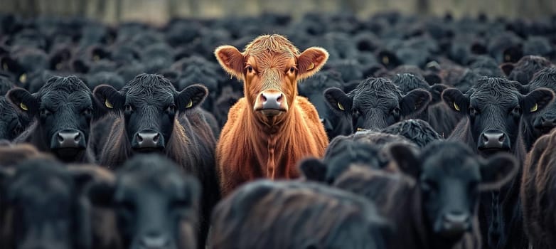 one brown cow in the center of a huge herd of black cows, filling the entire frame