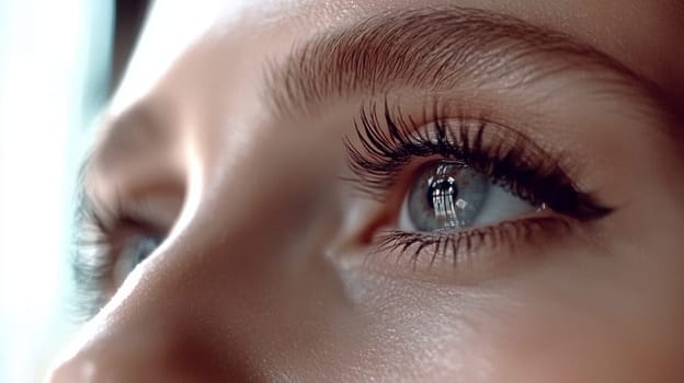 Close-up of gray blue eyes of woman with beautiful makeup.Close-up of eyes, perfect eyelashes, sharp gaze