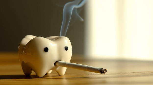 Tooth smoking a cigarette.Concept of harm of smoking for teeth