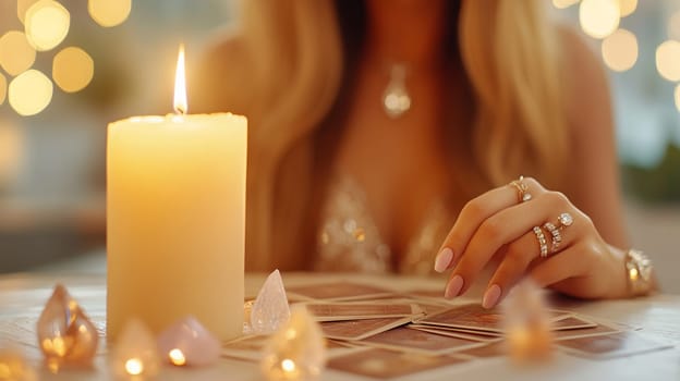 A woman sits in soft lighting at a divination table covered with tarot cards. Candles burn on the table and crystals are scattered, creating an atmosphere of mystery.