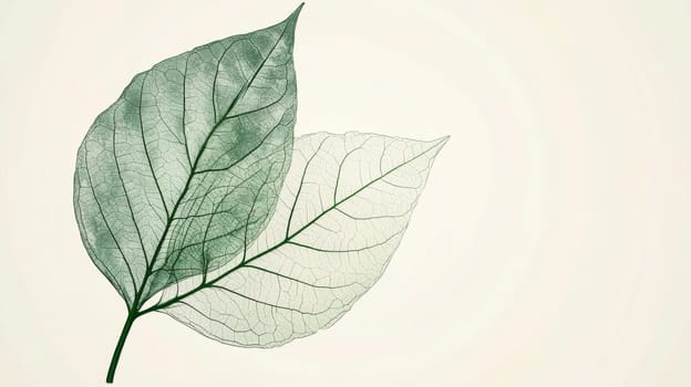 A simple illustration of a single green leaf with veins. The leaf is fresh and bright, symbolizing life and preserving the environment. copy space