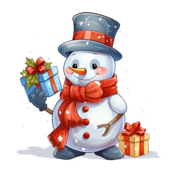 Cute Snowman in Hat and Red Scarf with Gifts on White Background .
