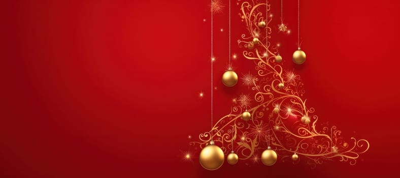Christmas Card with Golden Christmas Tree and Christmas Balls on Red Background.copy space