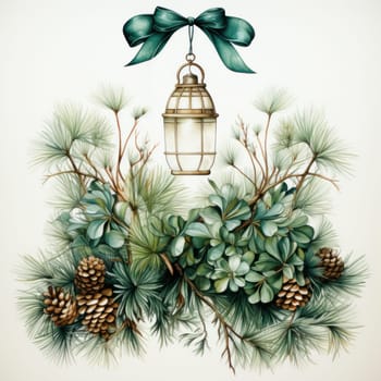 lantern over pine branches.Christmas greeting card design.