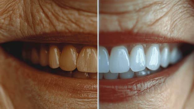 A before and after photo of whitening toothpaste showing the smile-brightening effect.