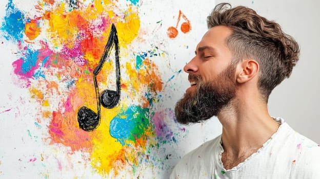An image of an artist singing in front of a white canvas with a huge musical note painted on it.