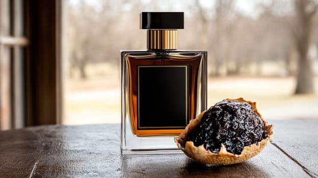 An elegant perfume bottle, with a brown liquid and a blank black label for text, with a ceramic figurine of a cracked shell of an unknown fruit at the base.