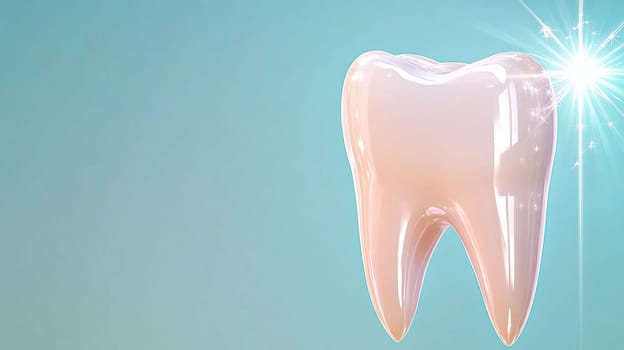 Illustration of a shiny white tooth with a glitter around it, symbolizing a clean and healthy mouth. on a light blue background