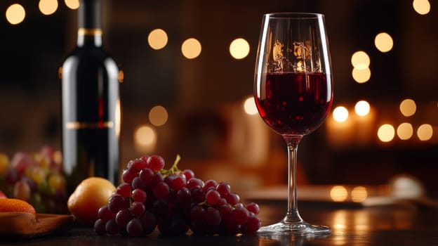 A glass of wine with grapes and a bottle without a label against the background of a blurred cozy light in the room.