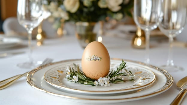 Plate with egg standing on flowers and petals of spring flowers. Tender leaves are drawn on the egg. Festive table setting