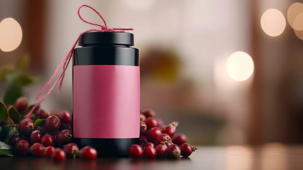 Bottle with pink label among red rosehips with small whole fruits . on a blurred background with a copy of space