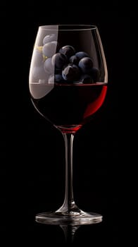 A juicy, dark bunch of grapes in a glass of red wine. Deep, saturated shades of black and red on a black background.