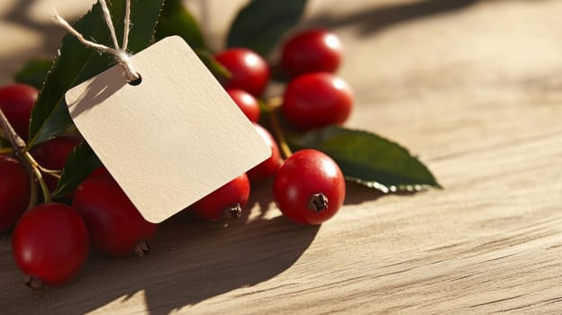Label with string on a branch of red rosehip with small whole fruits.