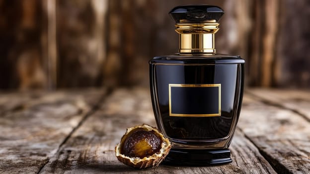 An elegant black perfume bottle with a cracked fruit shell at the base. Label on the bottle with a place for copying