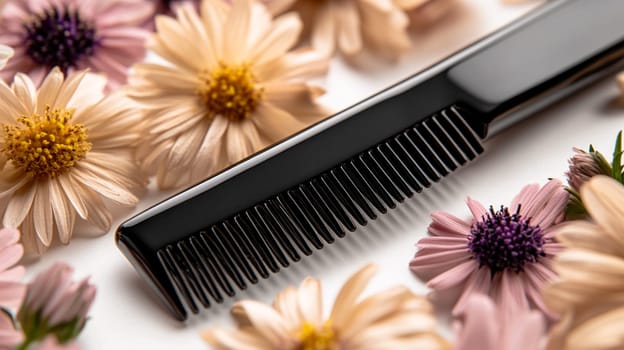 Image of a new comb surrounded by flowers. Hair care topic