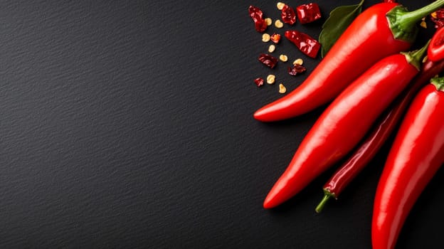 A few red chili peppers with seeds nearby.spicy and bright on a dark background. Copy Space