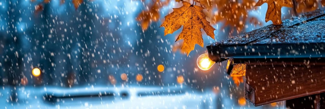 Close-up of snow falling on leaves hanging from the eaves. Close-up of the roof of a house with a light bulb and leaves, in the evening, in dark blue colors.