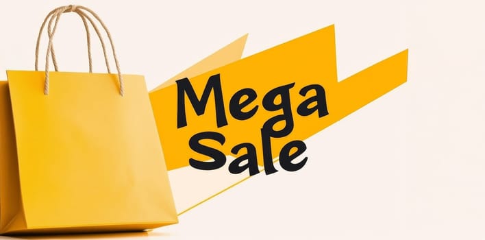 Bright yellow banner with a large shopping bag icon in the center. At the top, in large, clear letters, is written ,Mega Sale