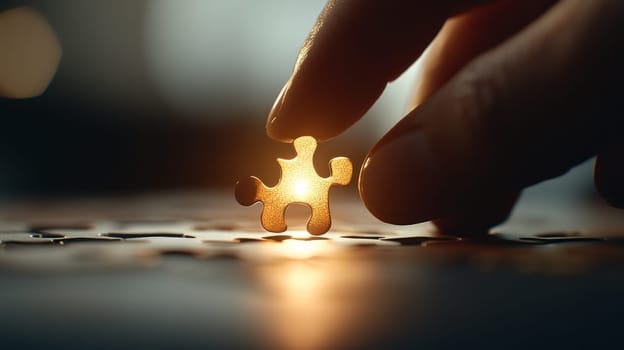 A human hand carefully holds a fragmented, glowing piece of the puzzle, symbolizing memory. The Concept of the Fragile Nature of Memory