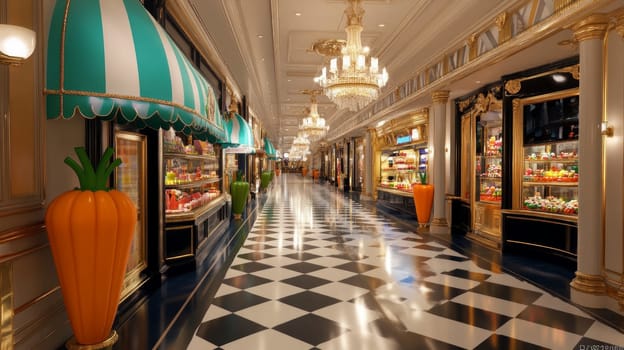 Large figures of colorful vegetables such as carrots and bell peppers in a quaint shopping mall