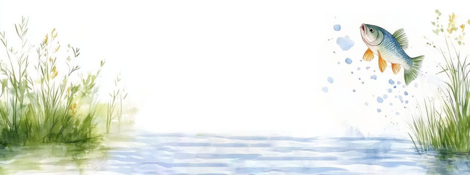 fish jumping out of the water and spraying in delicate shades of blue and green. sky blue and delicate ripples on the water. Space copy banner