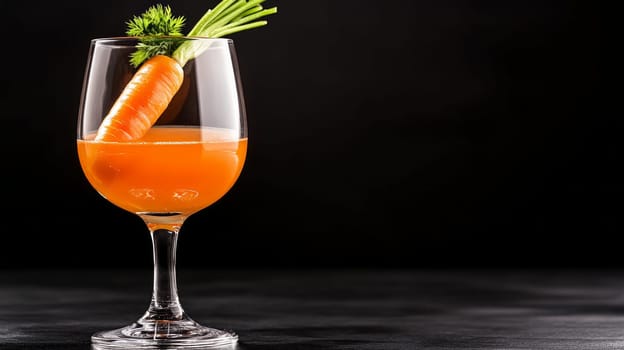 a clear glass filled with bright orange carrot juice with carrots in it arranged upright in the glass, with green tops protruding above it. Copy Space