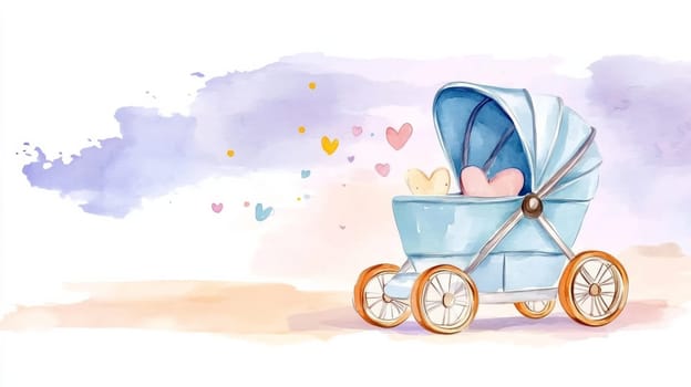 Watercolor style baby stroller, made in bright pastel colors - light pink and blue colors with small hearts and stars hovering around it