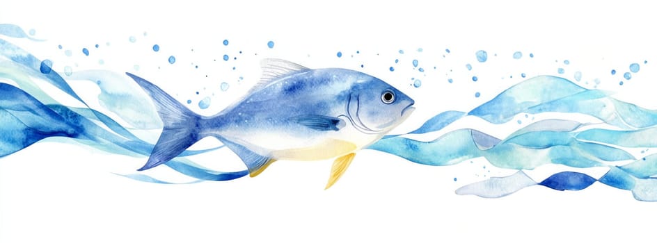 Watercolor illustration for a brochure about fishing with big fish swimming below the surface of the water.