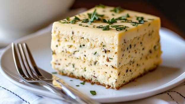 An omelet that looks like a traditional cake but is made entirely of savory ingredients like eggs, cheese, and herbs
