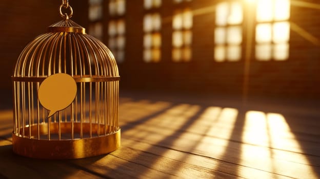 A symbolic image of a birdcage with a speech bubble on it, symbolizing limited freedom of expression.