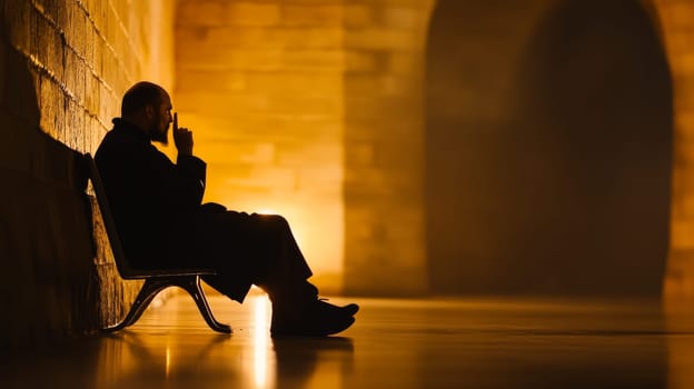 An elderly man sits in a dimly lit room, covering his mouth with his finger, communicating with an invisible interlocutor. The Concept of Loneliness and Mental Health