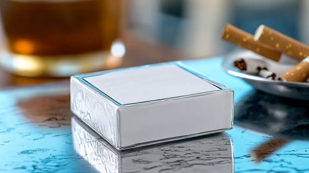 white box with space for text with nicotine patch. The clean, simple design of the patch contrasts with the messy remnants of the habit of smoking nearby, such as cigarette butts and an ashtray.
