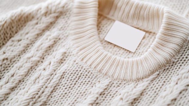 Blank inner label on light sweater. Blank space to place text or brand logo