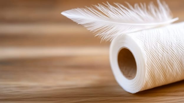Close-up of a roll of soft toilet paper with a soft, flowing texture accentuated by soft lighting. Above the roll is a white nib, emphasizing its softness.