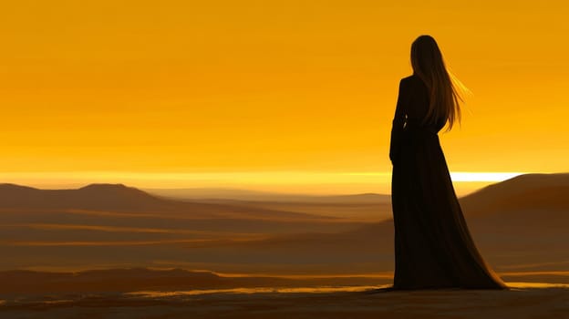 Silhouette A woman stands in the middle of a vast desert, with no one around for miles. She stares at the horizon, experiencing a surreal sense of peace and loneliness.