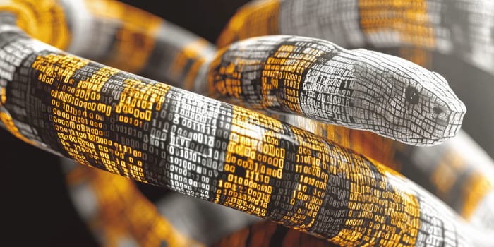 snake made of binary code consisting of an array of numbers and digital symbols .
