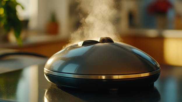 Close-up of a steam humidifier releasing a soft mist of moisture. Soft, cinematic lighting accentuates steam and creates a peaceful mood.