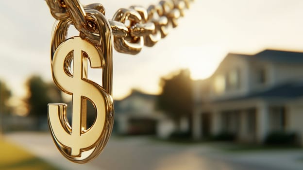 big gold thick chain with dollar sign on house background.The chain represents the high cost of maintaining a house and the cost of housing