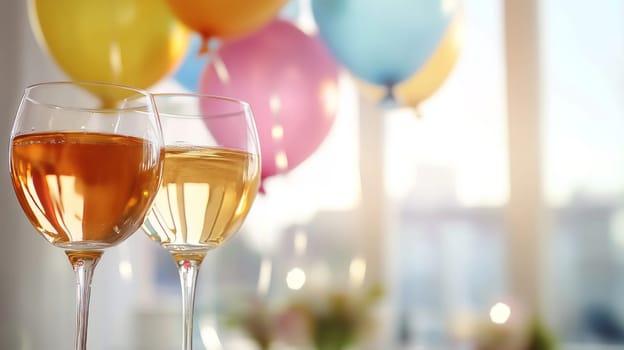 Wine glasses with drinks of different colors, located on the left in the background of balloons.